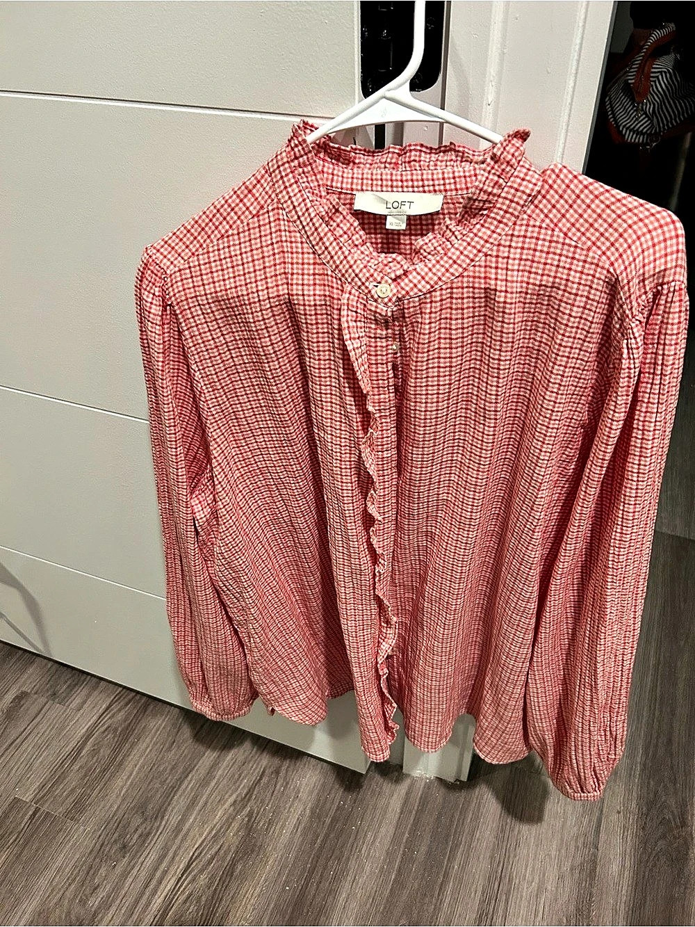 LOFT Plaid Ruffle Neck Blouse Gingham Red & White Medium